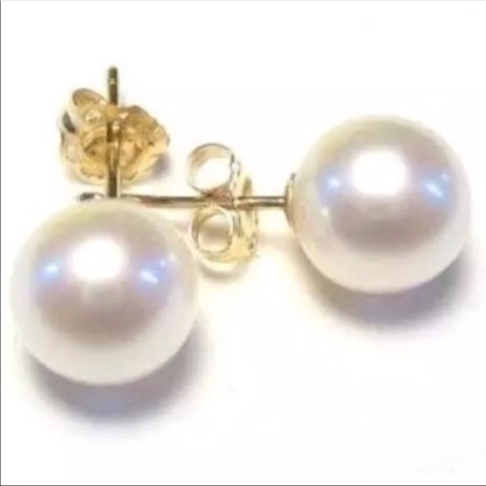14k Yellow Solid Gold White Pearl Stud Earrings